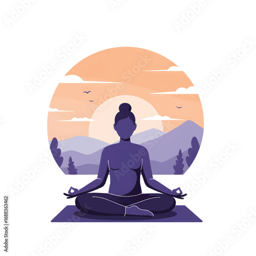 Woman Meditating in Lotus Pose at Sunrise with Mountains and Trees.