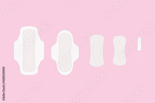 Tampons and sanitary napkins lie on a light pink background. Menstrual cycle and pregnancy. Negative pregnancy test and contraceptives