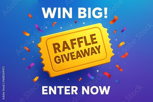 Exciting raffle giveaway invitation with golden ticket and confetti, encouraging immediate participation for big wins!