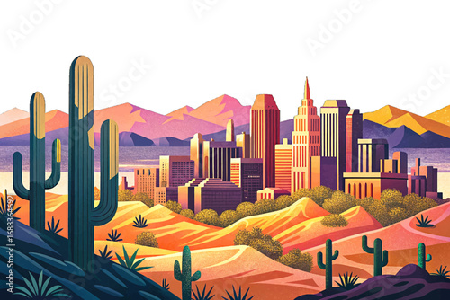 Phoenix Arizona city, desert landscape, cactus skyline backdrop, modern urban hub, famous southwest destination