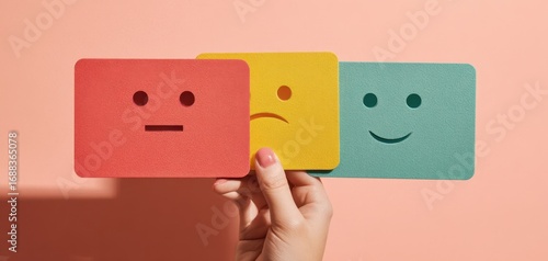 The hand holding emotion cards in vibrant colors showcasing feelings.