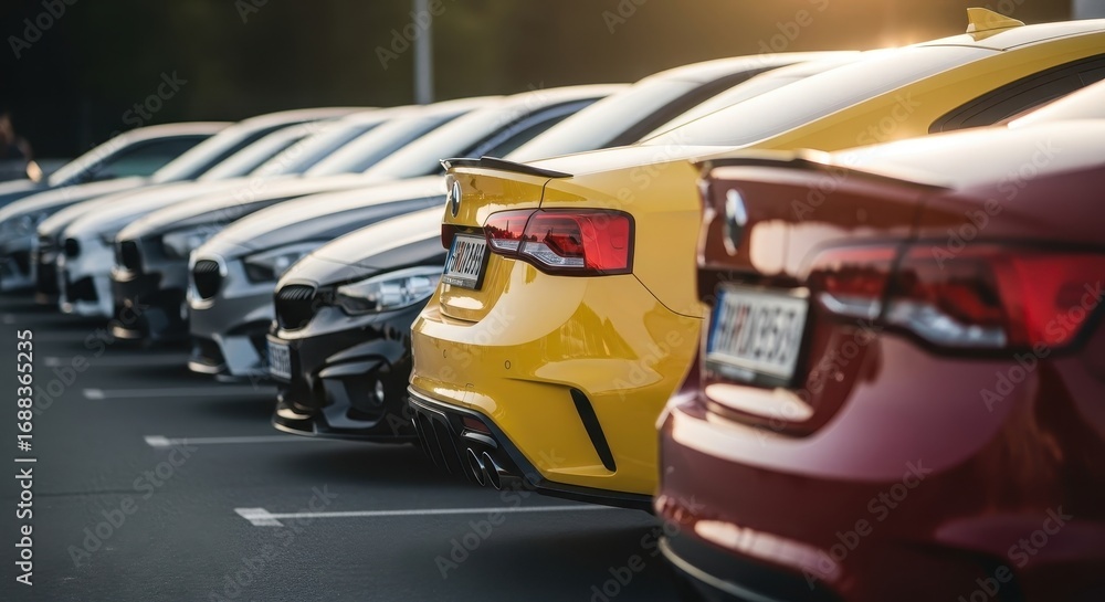 Naklejka premium Row of various luxury vehicles parked outdoors in daylight on a paved surface