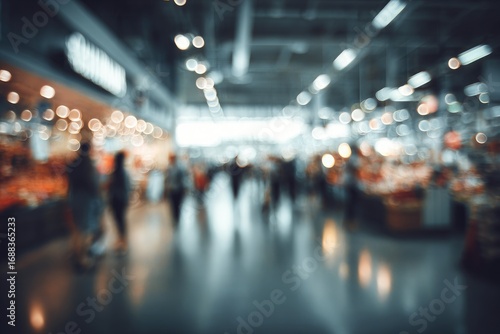 An interior blurred shot of people browsing goods in a brightly lit marketplace with bokeh effects and muted blue tones