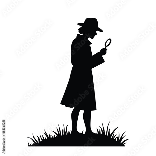 Silhouette of a woman detective with magnifying glass in grass
