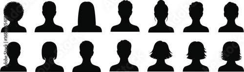 Diverse human silhouette profile portraits with various hairstyles, gender-neutral black headshots for avatars, icons, and design elements