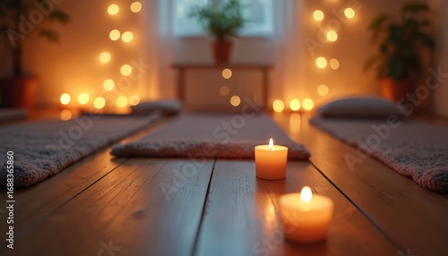 Calm yoga studio setup with mats, glowing candles, and string lights creating a serene atmosphere. Peaceful setting for sound baths, meditation, relaxation, and restorative practices.
