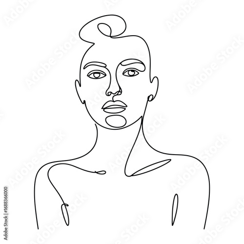 Minimalist continuous line drawing of a woman s face and shoulders
