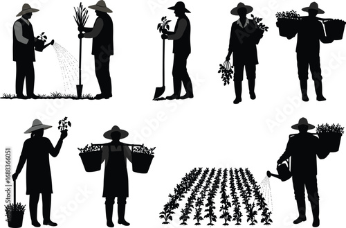 Farmer silhouette vector illustration showing agriculture, planting, watering, harvesting crops and rural lifestyle activities for farming and cultivation