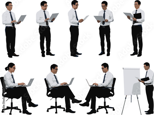 Businessman working vector set including office employee with laptop, documents, meeting, corporate presentation, teamwork and professional business illustration