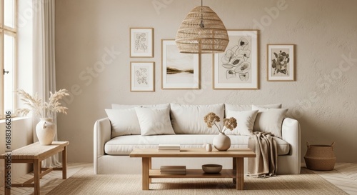 Cozy Living Room Interior Design with Natural Tones and Botanical Art