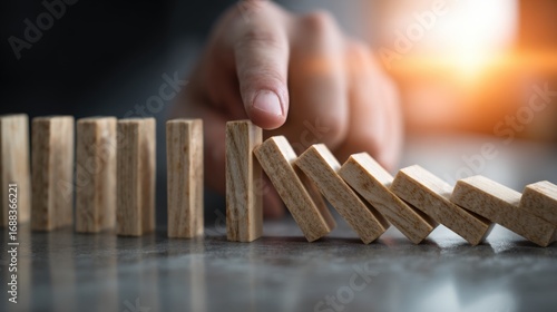 A hand is positioned near a row of wooden dominoes, halting their fall in a workspace. The warm afternoon light creates a serene atmosphere as the dominoes stand in a precarious line