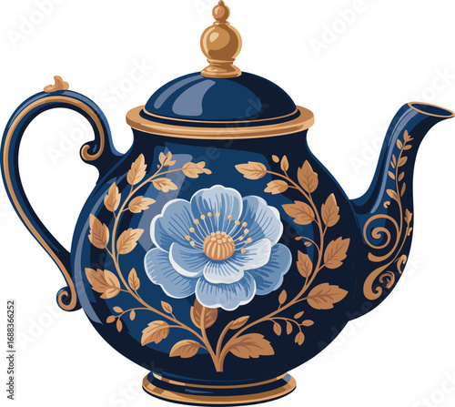 Elegant vintage teapot, floral porcelain teapot, classic ceramic kettle, antique tea pot with blue flower design, traditional kitchen decor.