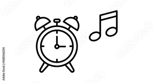 Classic Alarm Clock Ringing with Musical Note Icon.