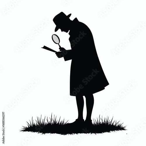 Silhouette of detective examining document with magnifying glass