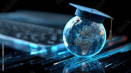 A digital globe representing Africa is capped with a graduation hat, symbolizing the connection between education and technology.