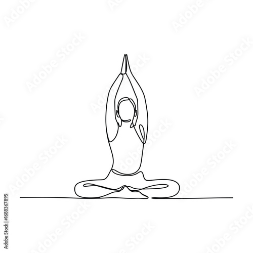 Minimalist line art of a person in lotus pose with arms raised in meditation