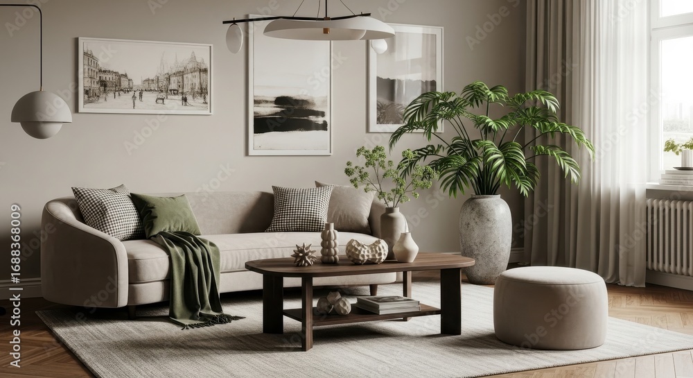 Fototapeta premium Modern living room interior. Comfortable sofa, stylish decor, natural plants. Serene, contemporary home design