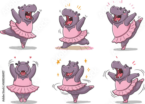 Cute cartoon hippo ballerina dancing in pink dress, funny animal character art, kids dance illustration, adorable happy hippo