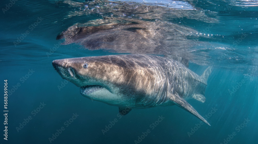 Fototapeta premium A large shark glides through clear blue waters, showcasing its distinctive features. Sunlight filters through the surface, illuminating the underwater environment.