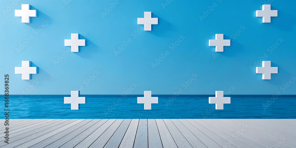 Naklejka premium Abstract background with white plus symbols on a blue wall above a wooden floor with a subtle shadow effect, representing a clean and modern aesthetic
