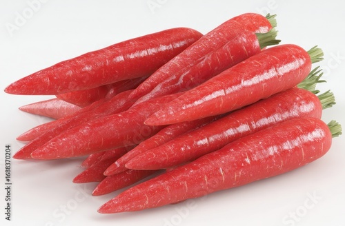Glossy, vibrant red carrots are bundled tightly together, the green tops slightly overlapping, against a clean white background