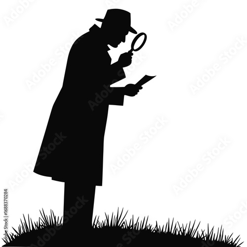 Silhouette of detective examining document with magnifying glass in grass
