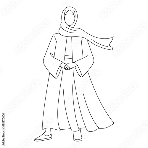Elegant sketch of a woman in a flowing abaya and hijab holding a cup