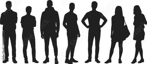 Silhouettes of young people, standing group, male and female figures, casual pose, shadow outline, black shapes, isolated on white.