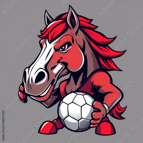 Horse mustang bronco stallion soccer football angry sports team mascot holding a ball.