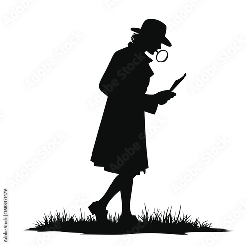 Silhouette of detective with magnifying glass and paper