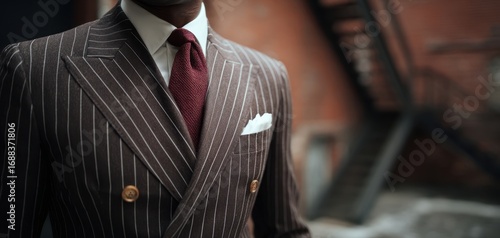 The elegant double-breasted suit with red tie against an urban backdrop.