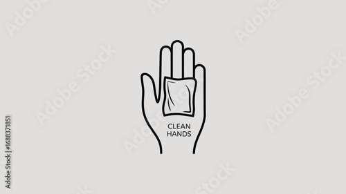 A stylized illustration of a hand holding a wipe with the words clean hands underneath it on gray