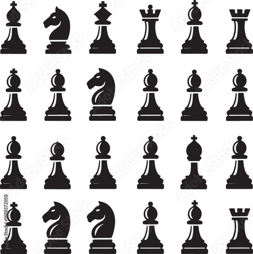 Chess Piece Icons in Black and White Silhouette Style 