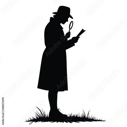 Silhouette of detective with magnifying glass examining document