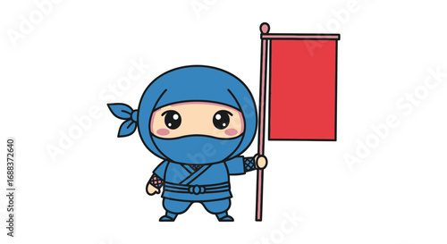 Cute Chibi Blue Ninja Cartoon Character Holding Red Flag.