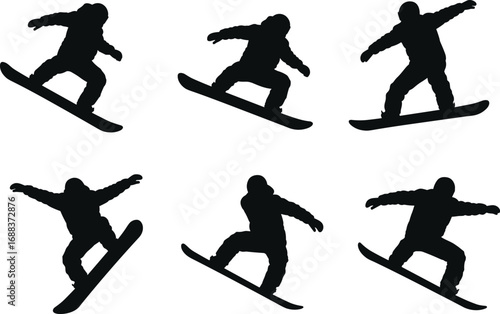 PrSnowboarder silhouette, extreme sports pose, aerial trick movement, winter athlete action, freestyle snowboarding graphic, cad drawing flat vector illustrationint