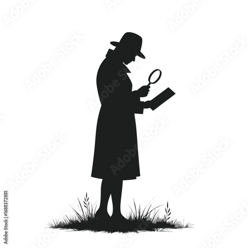Silhouette of detective with magnifying glass examining document