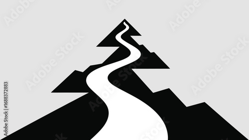 A stylized illustration of a winding white path leading up through black triangular mountains to a peak