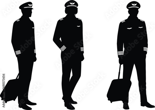 Airline pilot silhouette, aviation crew uniform, commercial flight captain, travel suitcase, airport staff illustration, cad drawing flat vector illustration