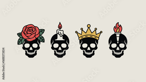 Four stylized black skulls adorned with a rose, candle, crown, and flame arranged horizontally on beige