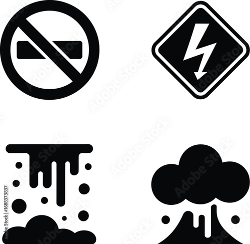A collection of four black and white icons depicting prohibition, high voltage, dripping liquid, and eruption