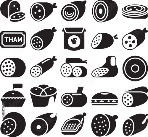 Deli Meat and Food Icons in Black and White Minimalist Silhouette 
