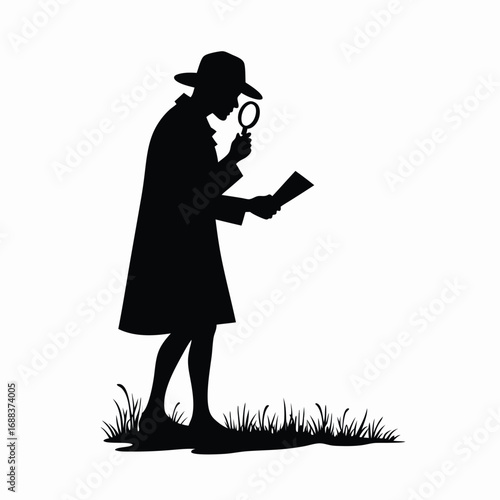 Silhouette of detective with magnifying glass examining paper in grass