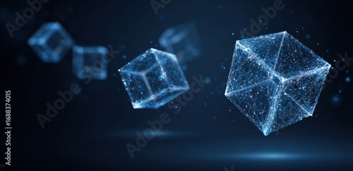 Abstract digital cubes in motion against a dark background.  Light blue translucent cubes with a network of lines/points.  Floating in space