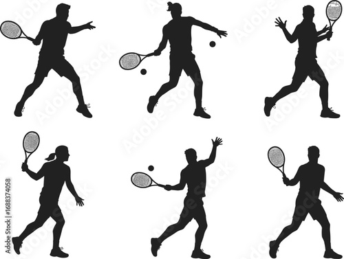 Tennis player action poses, cad drawing flat vector illustration, black and white tennis design, dynamic sports silhouettes, racket swings, forehand, backhand, serve, match play