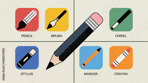 Illustration showing various art supplies including pencil brush chisel stylus marker and crayon icons