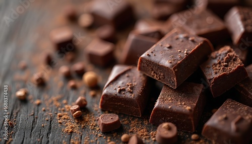 Pile of assorted dark chocolate pieces on rough wood surface. Rich cocoa texture, earthy tones. Hand-made artisan confectionery, perfect for culinary inspiration, baking, or sweet indulgence.