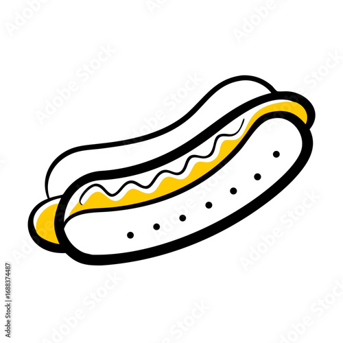 Cartoon hot dog with mustard in bun 
