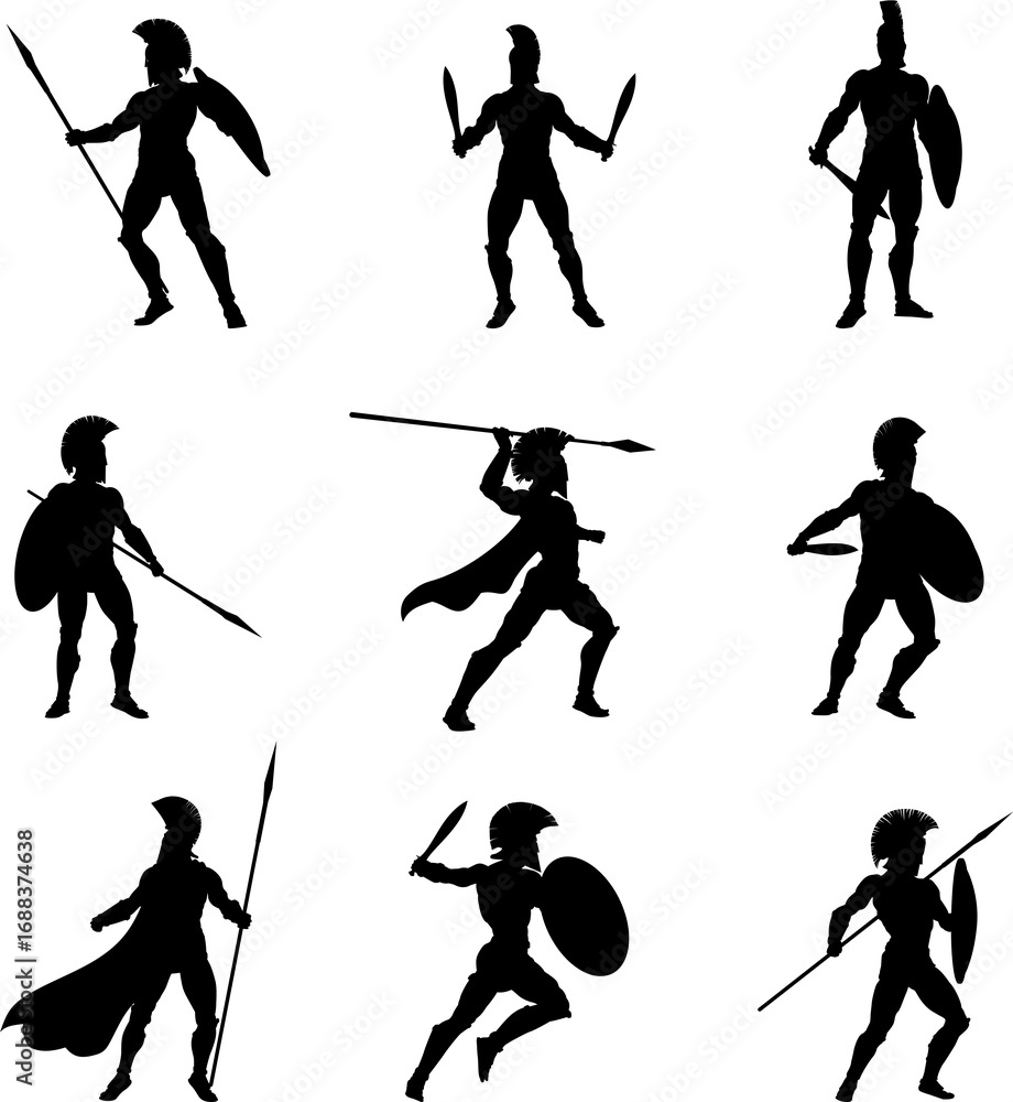 Naklejka premium Spartan Silhouette Gladiator Trojan Warrior Set