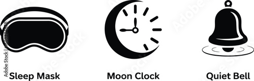 A sleep mask, a moon clock, and a quiet bell are displayed as black and white vector illustrations
